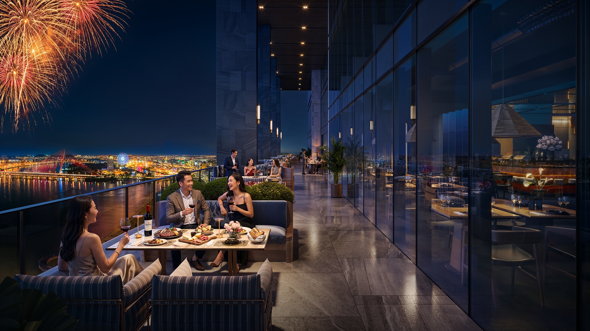 Phối cảnh chuỗi nhà hàng ẩm thực cao cấp 5 sao ngắm cảnh sông Hàn tại tháp M Riverside Đà Nẵng
