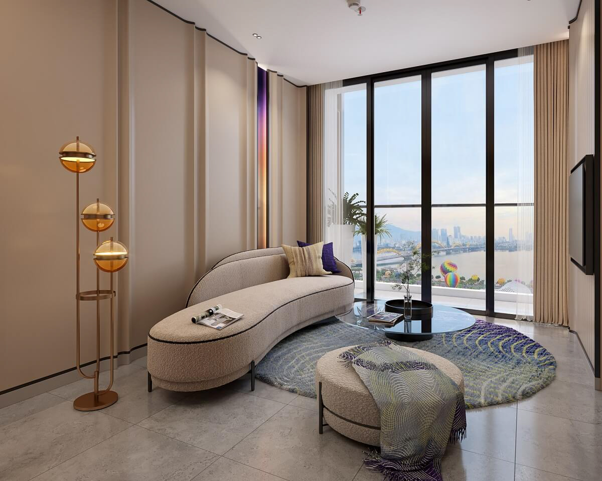Không gian phòng khách căn hộ mẫu sang trọng chuẩn 5 sao tại M Riverside Đà Nẵng