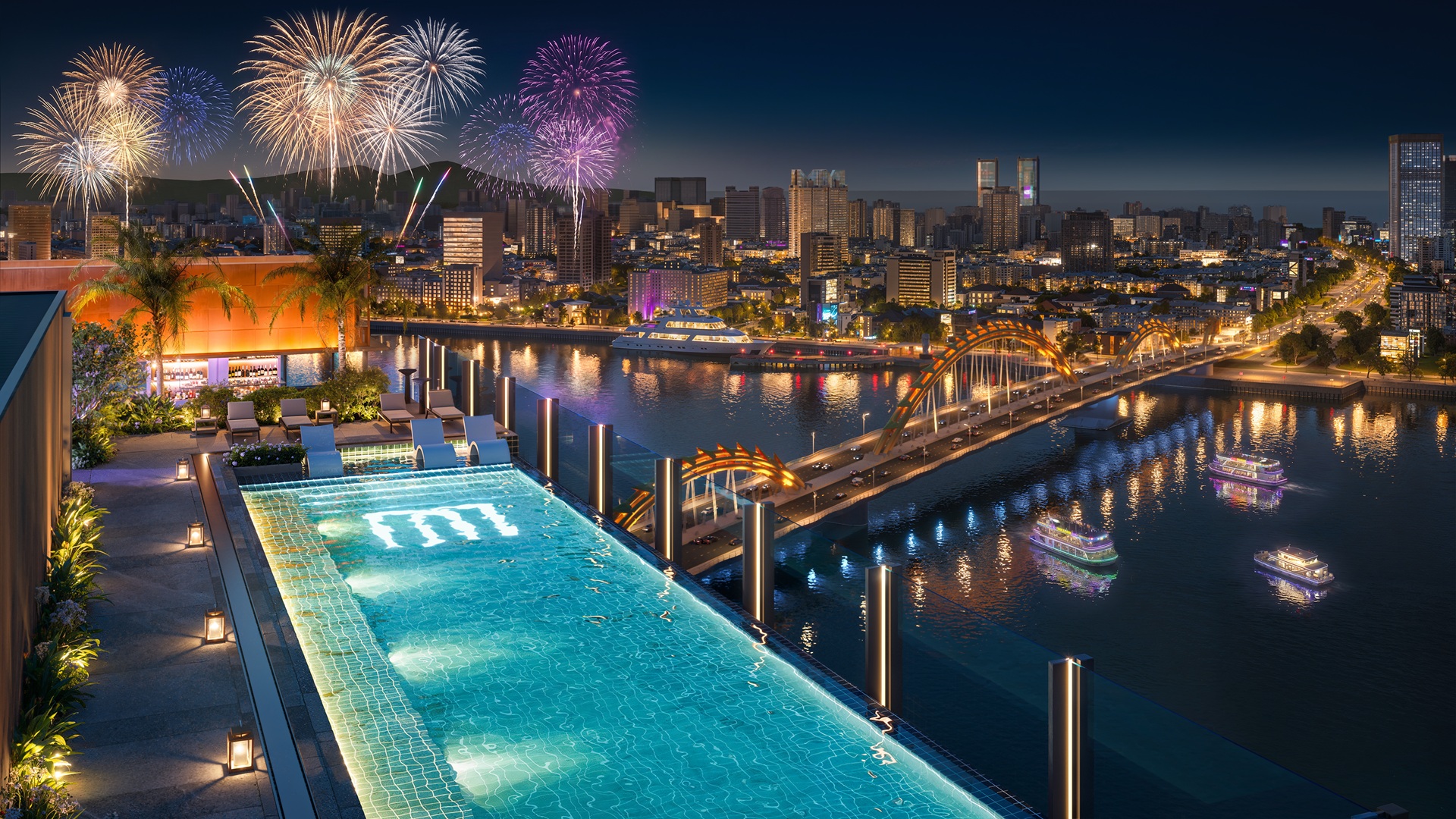 Phối cảnh hồ bơi vô cực trên tầng thượng tháp M Riverside ngắm cảnh Đà Nẵng và sông Hàn
