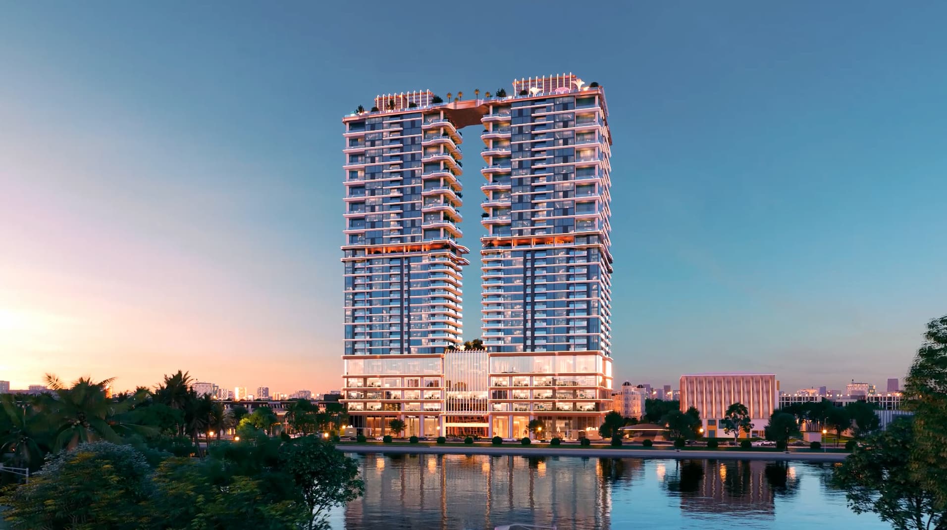 Kiến trúc hiện đại ban đêm tại Rivea Residences Phối cảnh ban đêm dự án chung cư cao cấp Rivea Residences Vĩnh Hưng