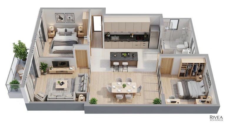 Thiết kế căn 2 phòng ngủ Layout thiết kế bóc mái căn hộ 2 phòng ngủ Rivea Residences