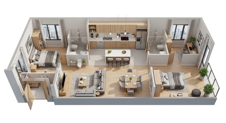Thiết kế căn 2 phòng ngủ + 1 Layout thiết kế bóc mái căn hộ 2 phòng ngủ cộng 1 Rivea Residences