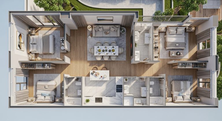 Thiết kế căn 3 phòng ngủ Layout thiết kế bóc mái căn hộ 3 phòng ngủ diện tích lớn Rivea Residences