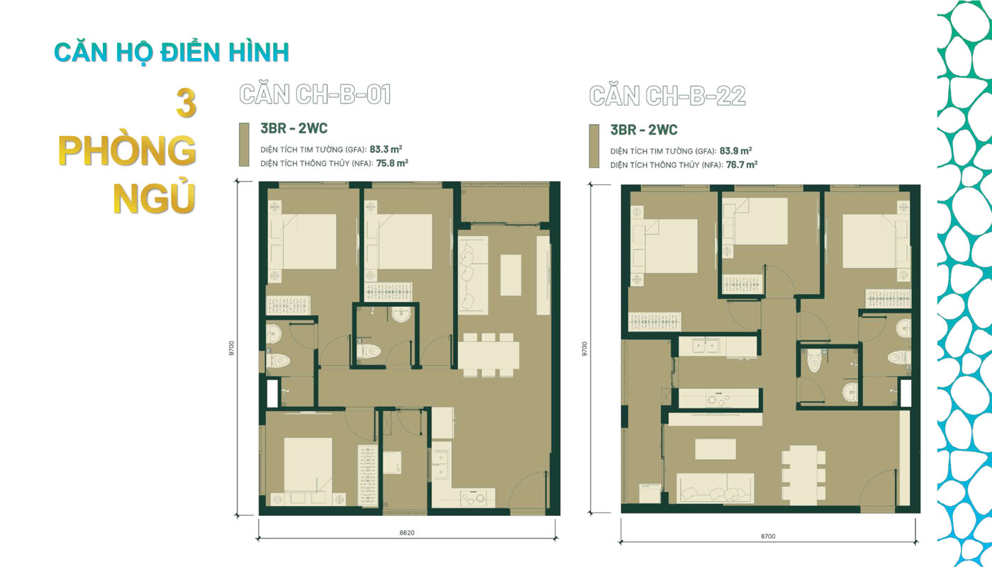 Layout thiết kế căn hộ 3 phòng ngủ Happy One Mori