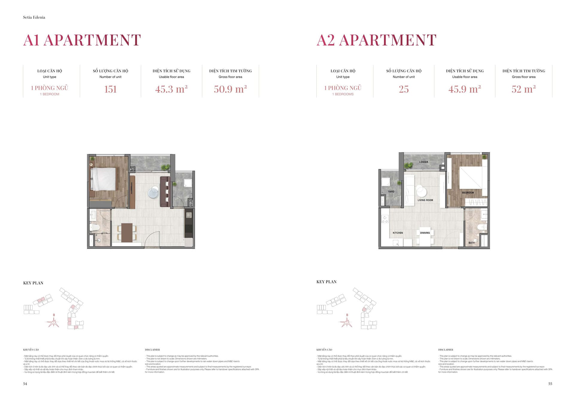 Layout thiết kế căn hộ 1 phòng ngủ A1 - A2 diện tích 50m2 - 52m2 Setia Edenia