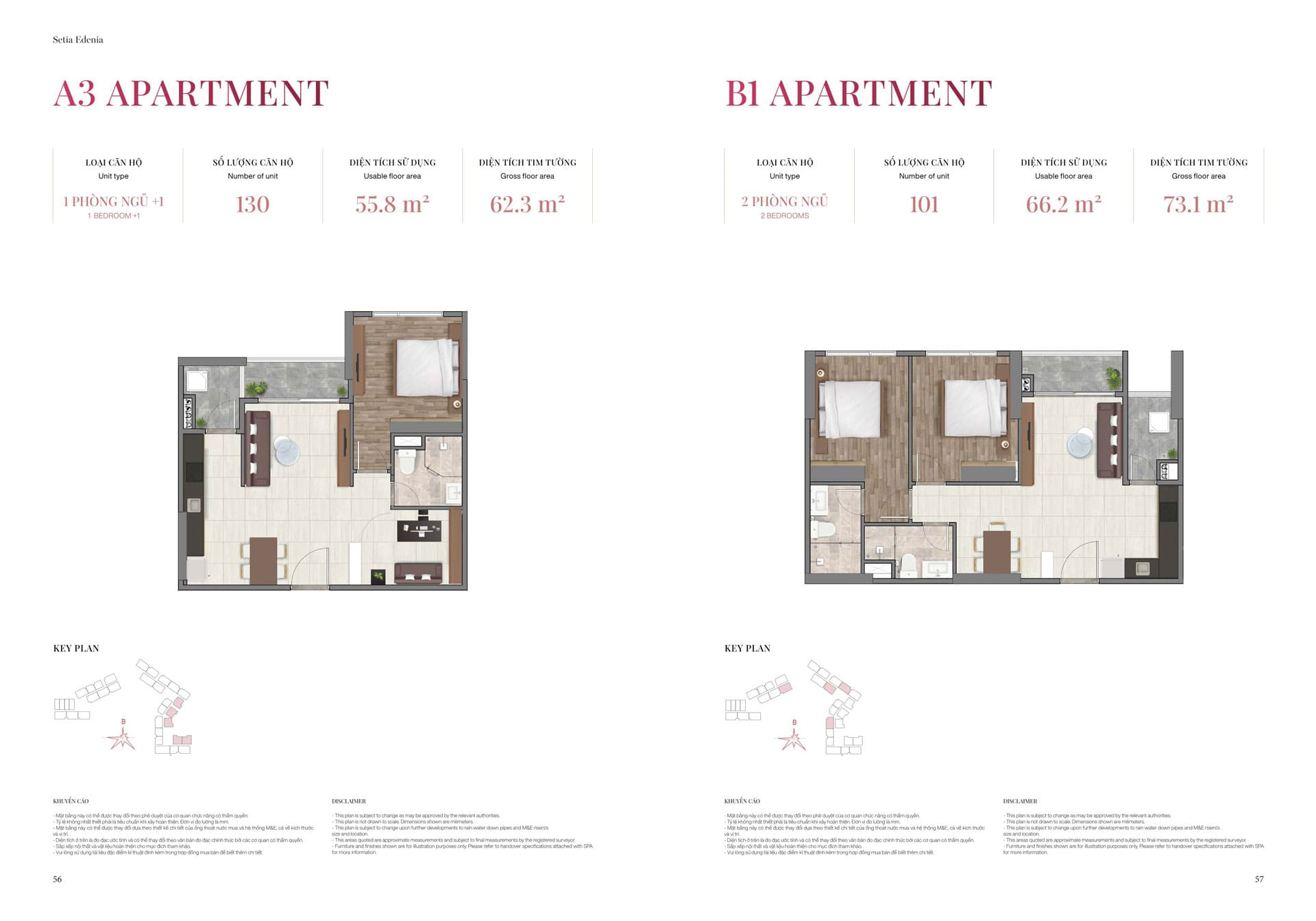 Layout thiết kế căn hộ 1PN+ và 2PN mẫu A3 - B1 diện tích 72m2 - 73m2 Setia Edenia