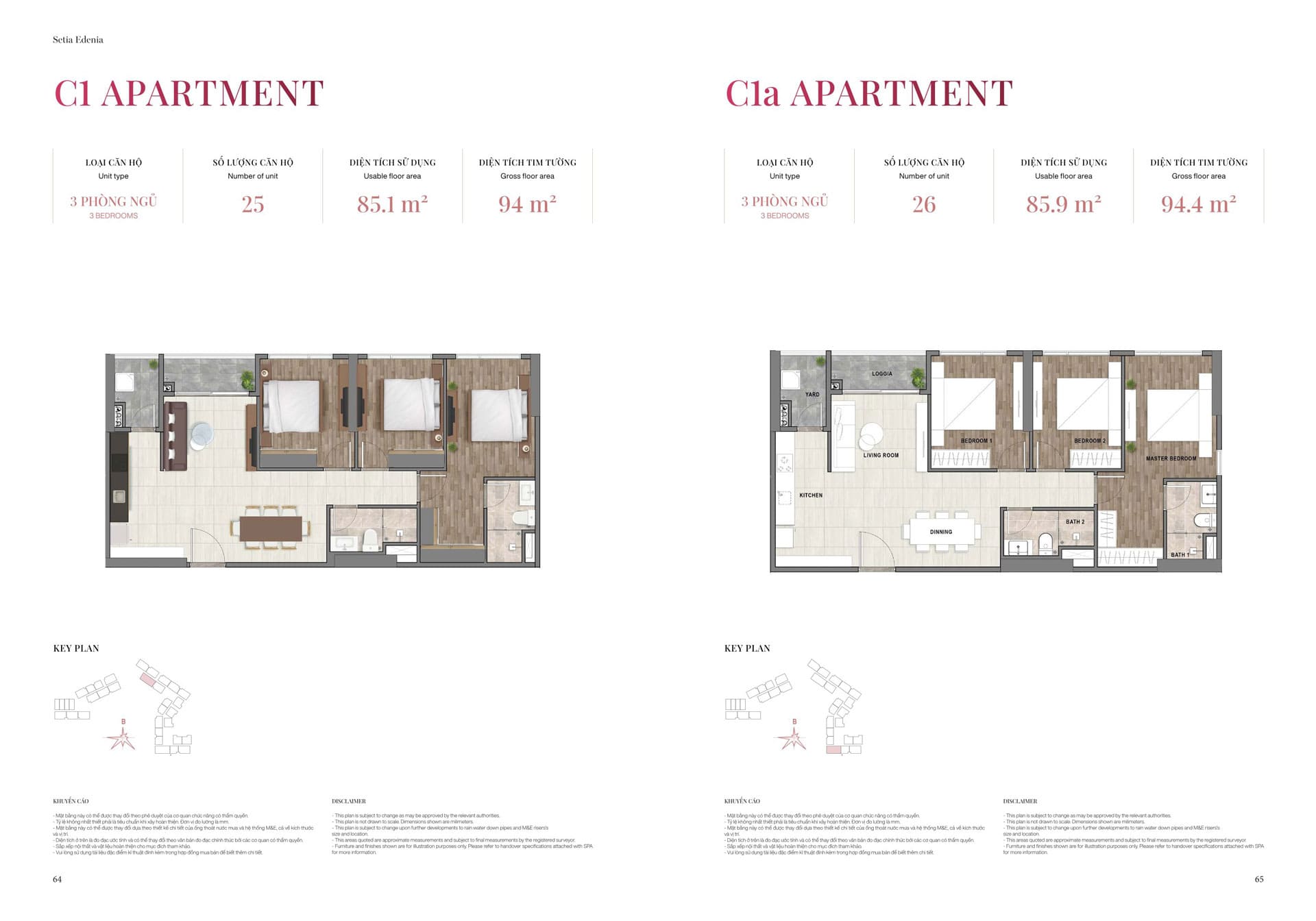 Layout thiết kế căn hộ 3 phòng ngủ mẫu C1 - C1a diện tích 94m2 Setia Edenia