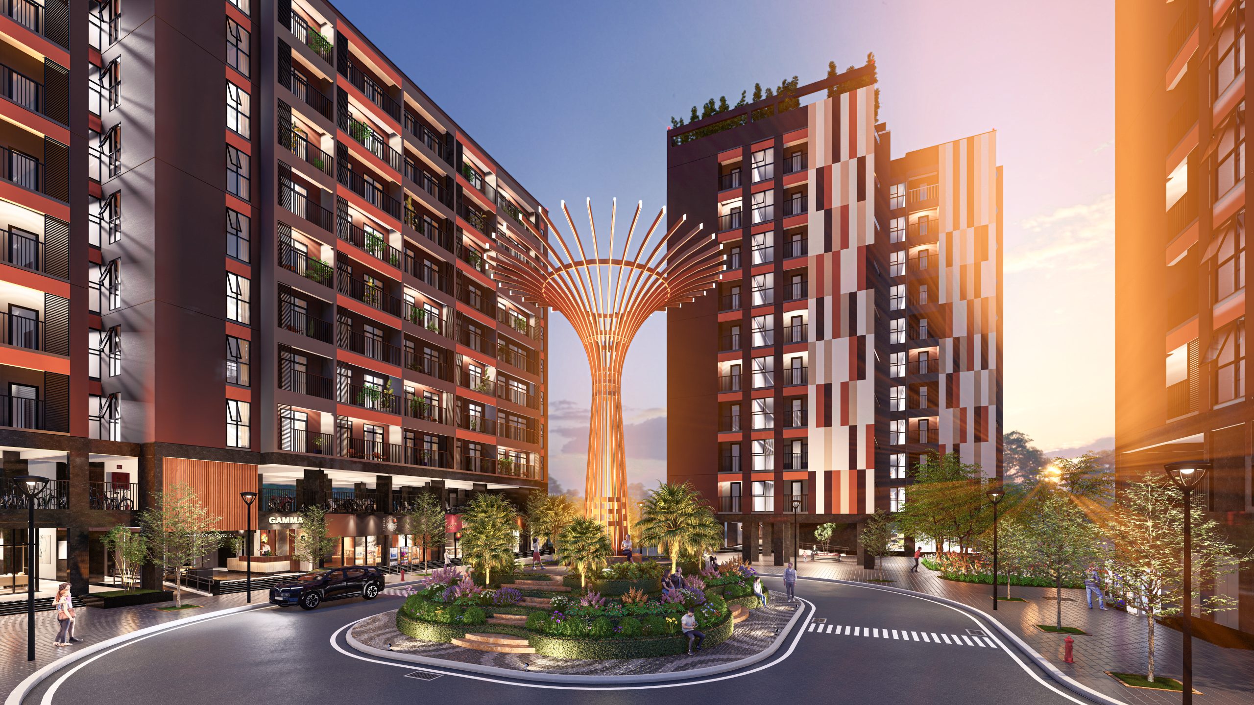 Biểu tượng cây ánh sáng tại quảng trường trung tâm Legacy Alpha Valley Hòa Lạc