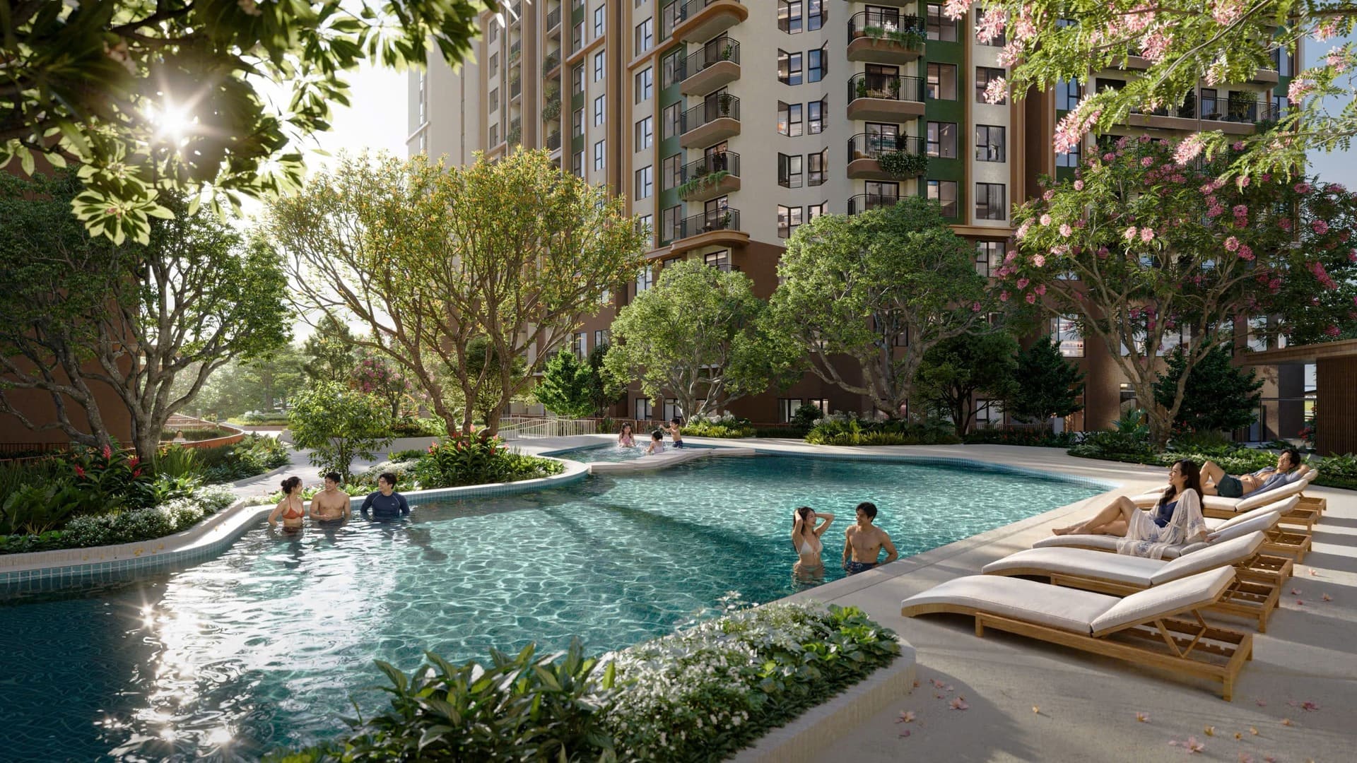 Hồ bơi trung tâm phong cách resort tại Norton Park