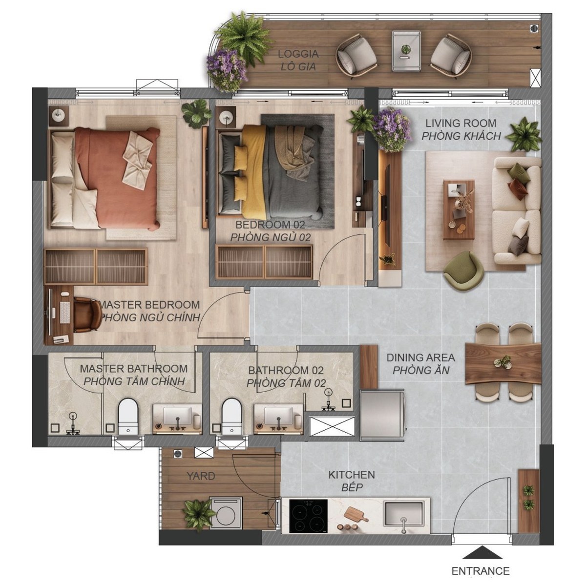 Layout thiết kế căn hộ 2 phòng ngủ tiêu chuẩn diện tích 66m2 - 79m2 Norton Park