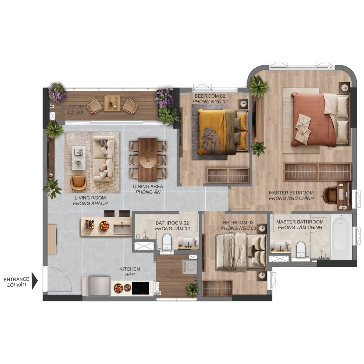 Layout thiết kế căn hộ 3 phòng ngủ căn góc diện tích 95m2 - 114m2 Norton Park