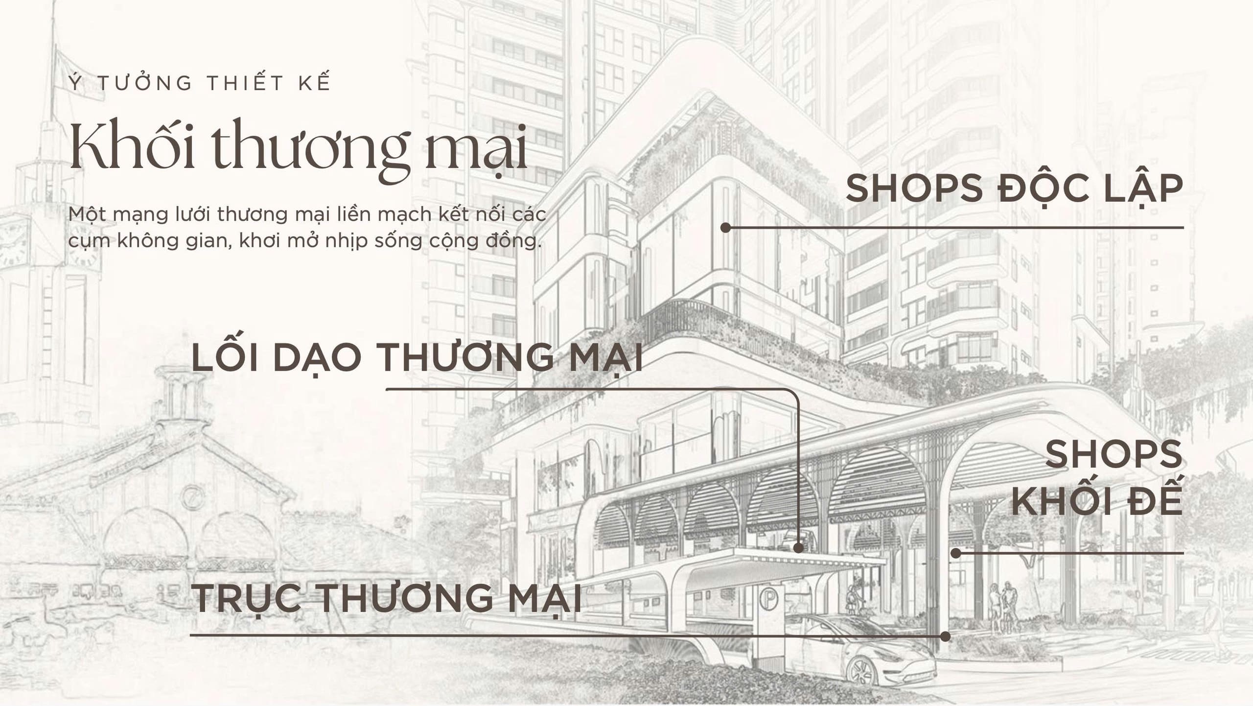 Mạng lưới thương mại khối đế và lối dạo nội khu liên hoàn