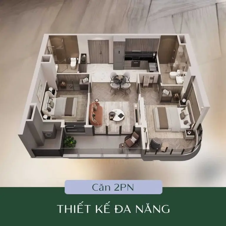 Mặt bằng thiết kế căn 2 phòng ngủ The Heritage Láng Hạ
