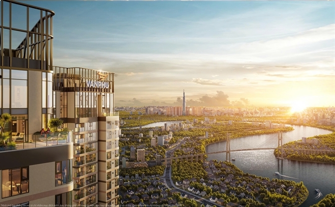 Phối cảnh tòa tháp Văn Phú Invest nhìn ra sông Sài Gòn lúc hoàng hôn