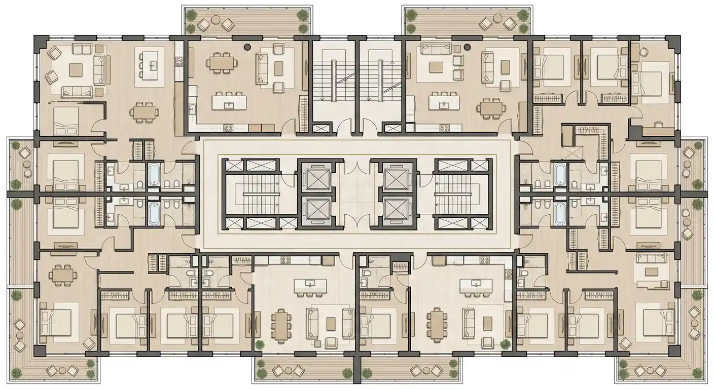 Mặt bằng tầng điển hình dự án chung cư hạng sang Tara Maison Mỹ Đình với mật độ 8 căn/sàn