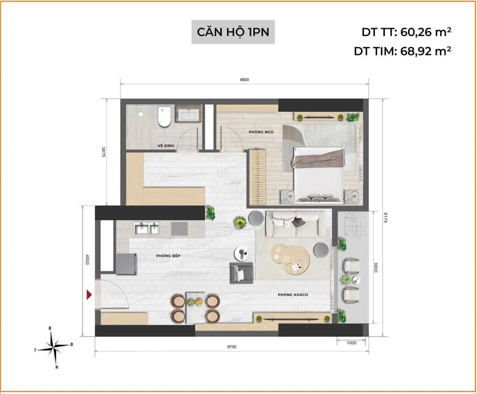 Tara Maison – Layout thiết kế căn hộ 1 phòng ngủ plus diện tích 45-55m2