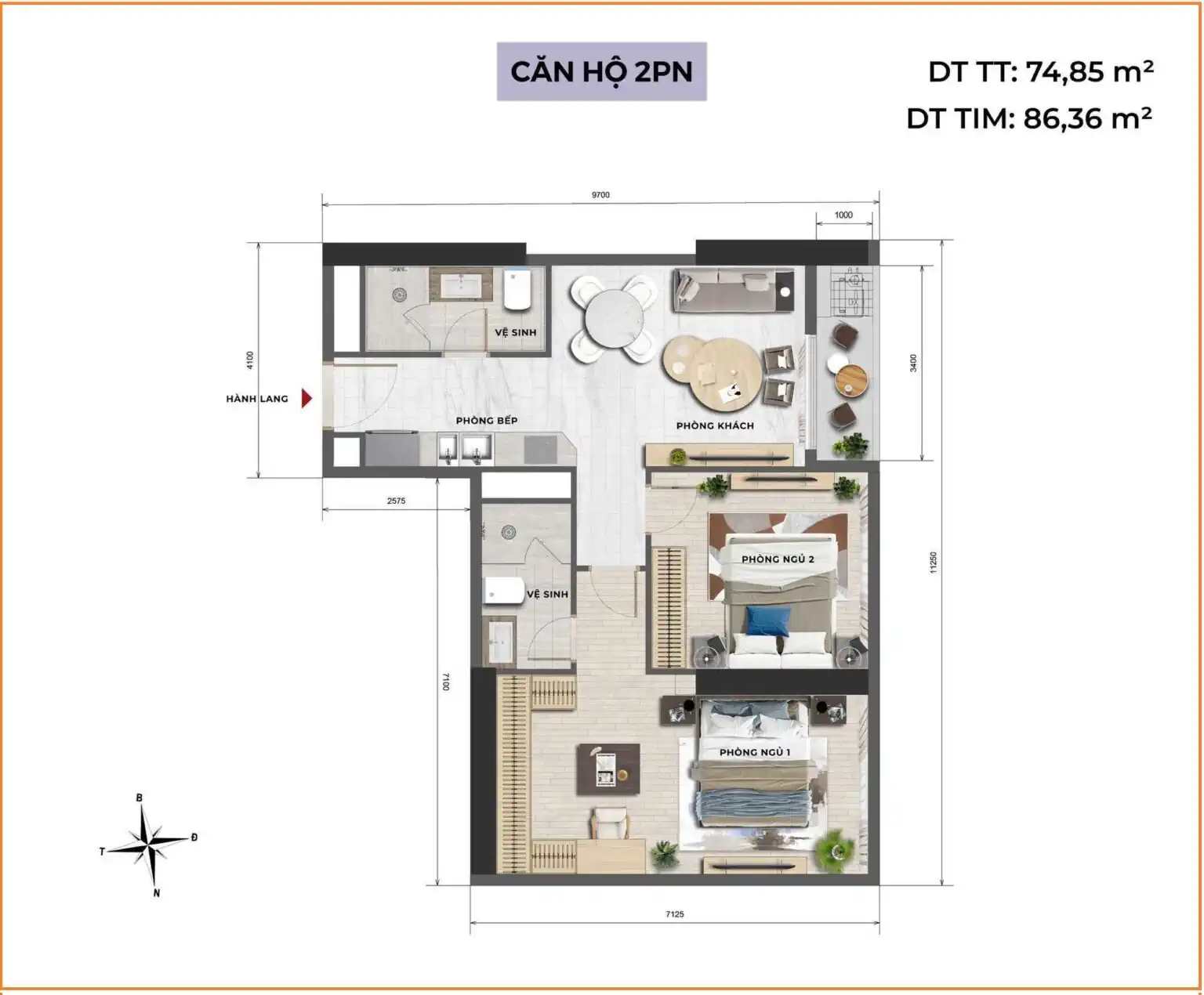 Tara Maison – Layout thiết kế căn hộ 2 phòng ngủ diện tích 62-79m2