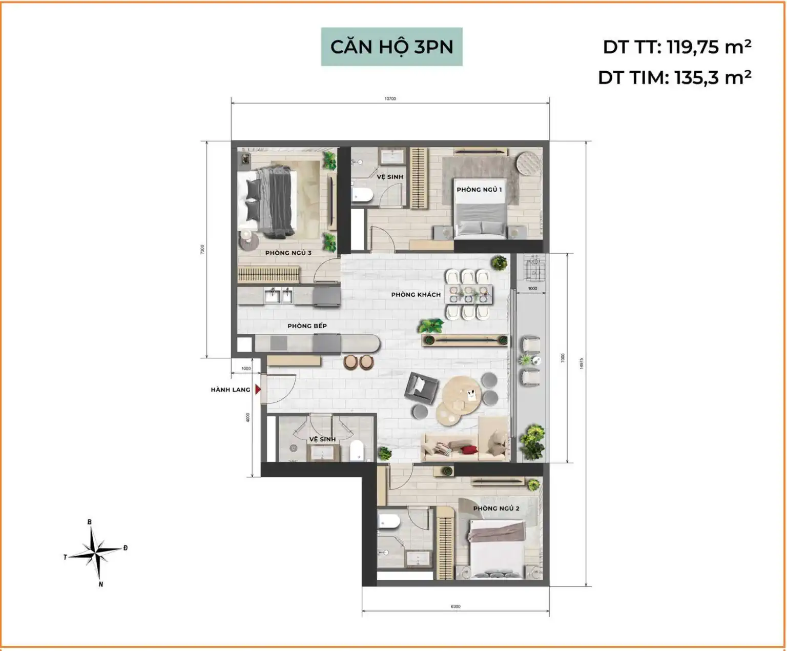 Tara Maison – Layout thiết kế căn hộ 3 phòng ngủ diện tích 85-115m2