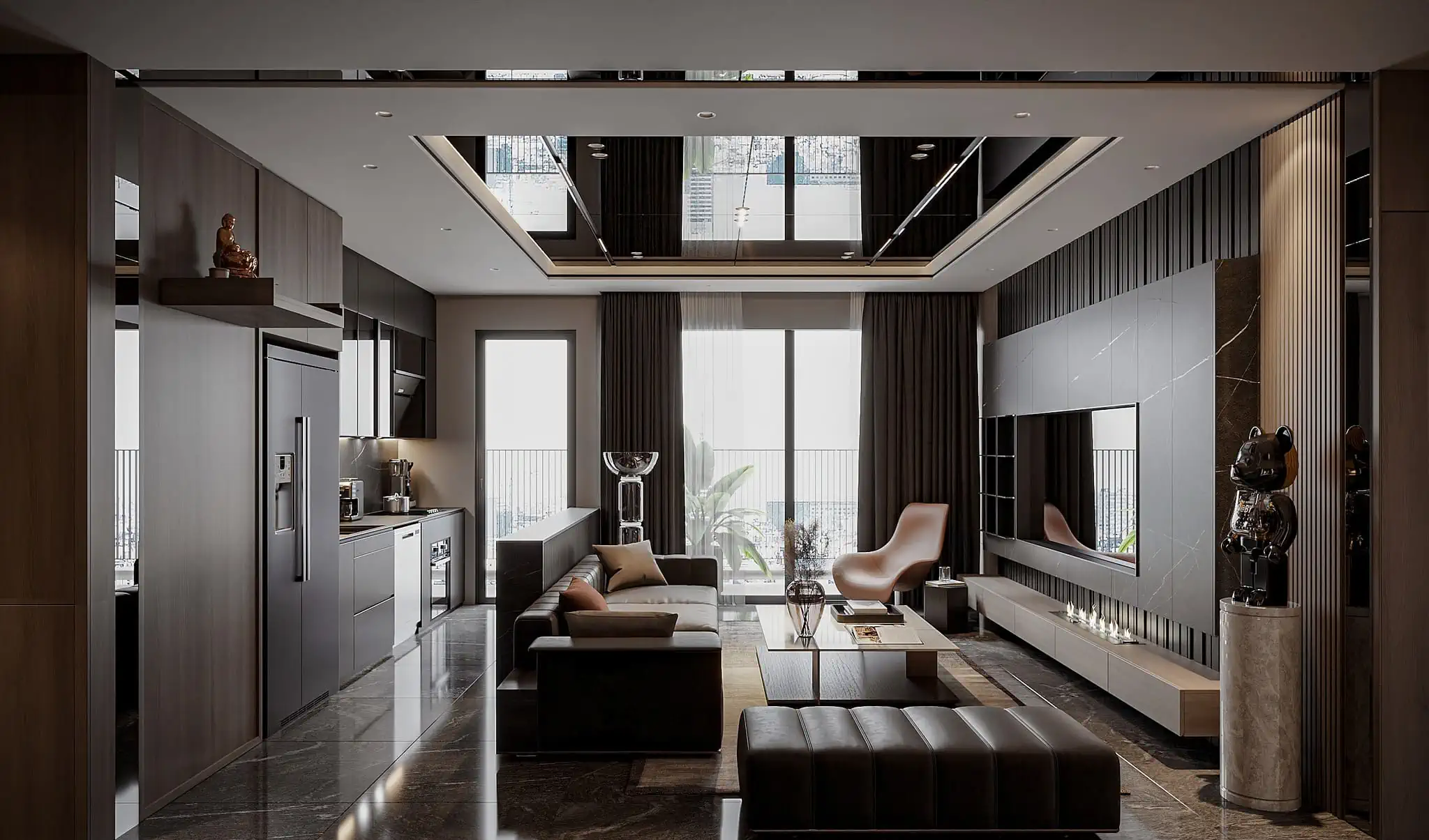 Không gian nội thất phòng khách căn hộ Tara Maison với hệ kính kịch trần sang trọng