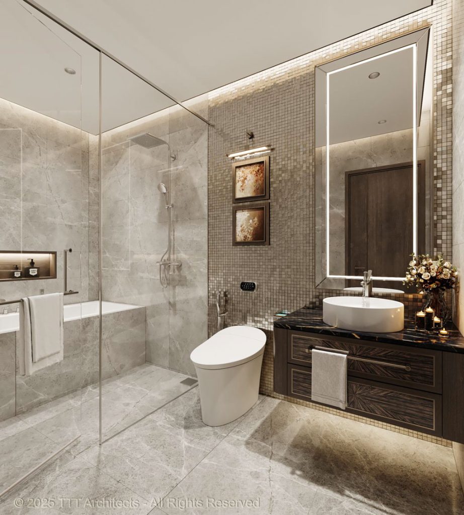 Phòng tắm tiêu chuẩn resort tại Celestine Westlake với thiết bị vệ sinh Duravit và Grohe nhập khẩu từ Đức