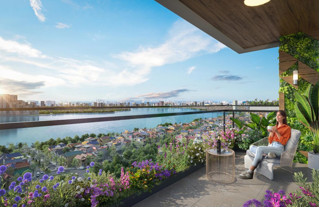 Tầm nhìn panorama Hồ Tây từ ban công căn hộ Celestine Westlake